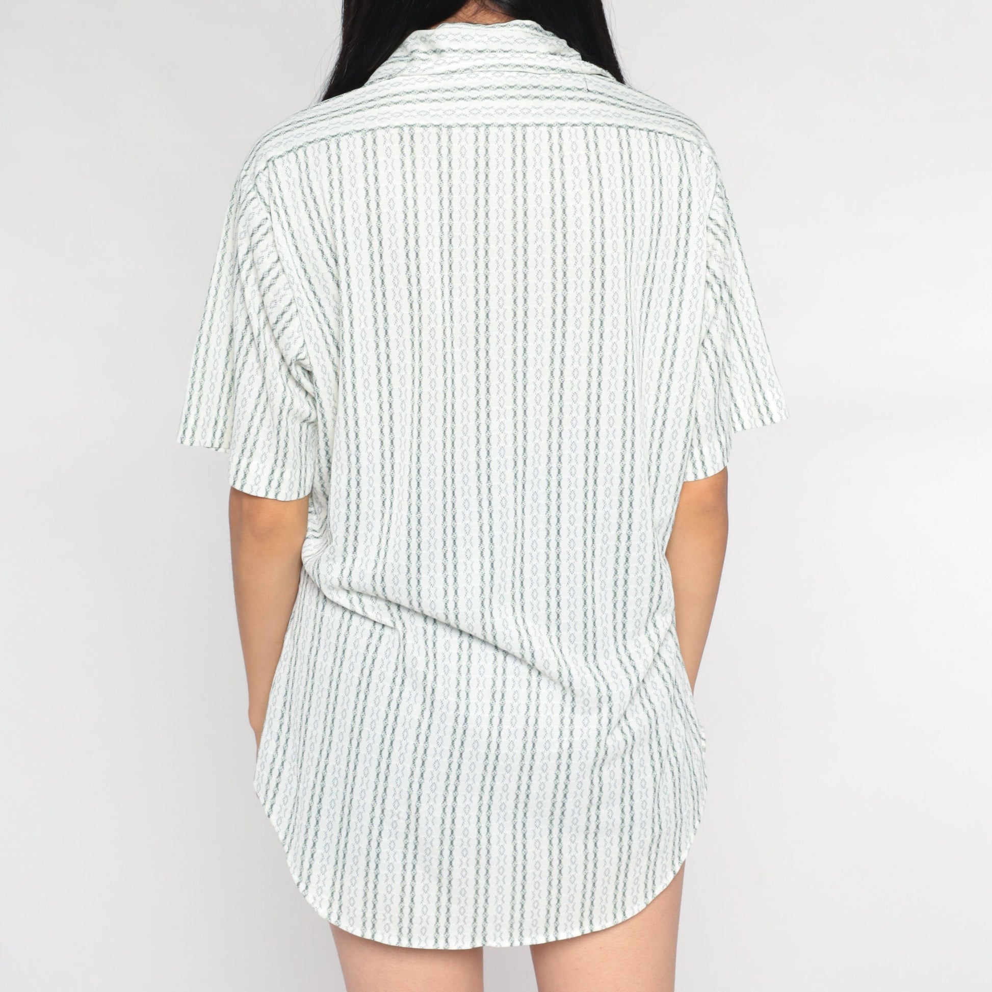 70s Sears White Striped Oxford Button-Up Shirt Green Blue Short Sleeve Medium