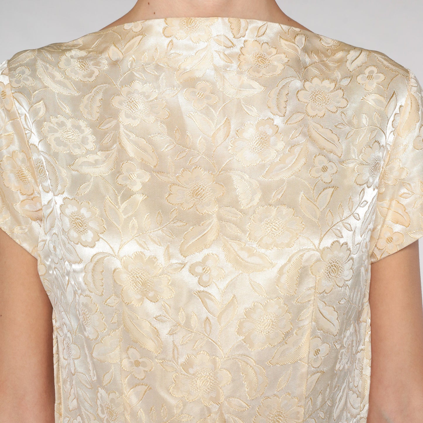 1960s Cream Brocade Floral Midi Dress Cap Sleeve High Waist Small S