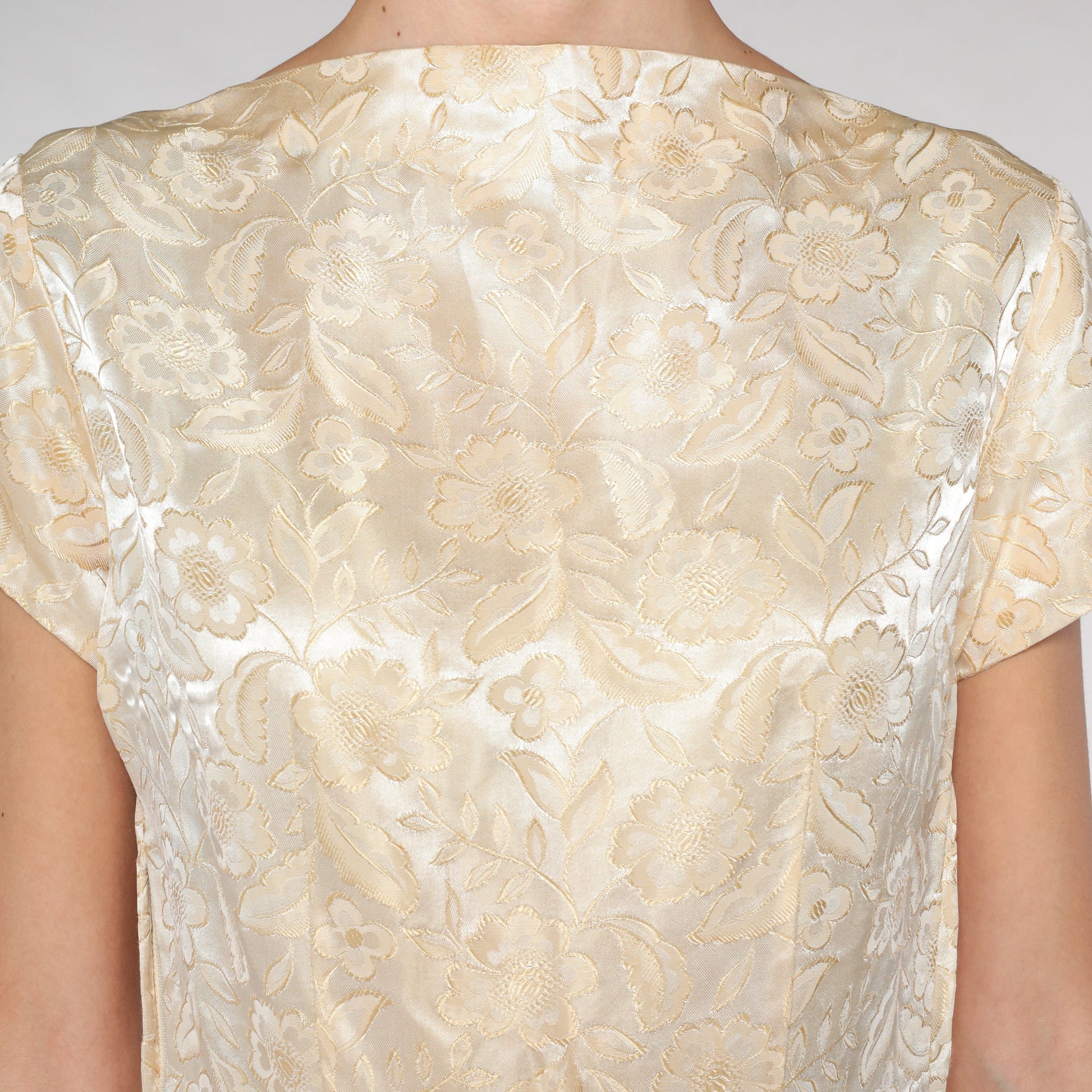 1960s Cream Brocade Floral Midi Dress Cap Sleeve High Waist Small S