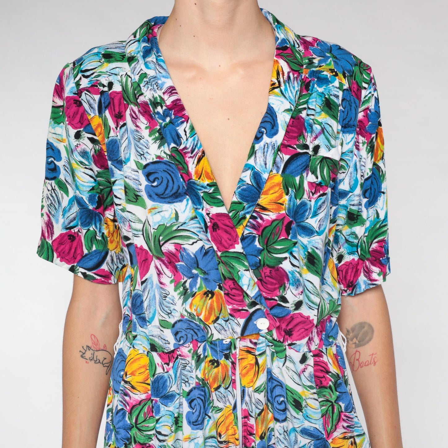 90s Blue Floral Rayon Romper Mini Playsuit V Neck Button Up Medium M
