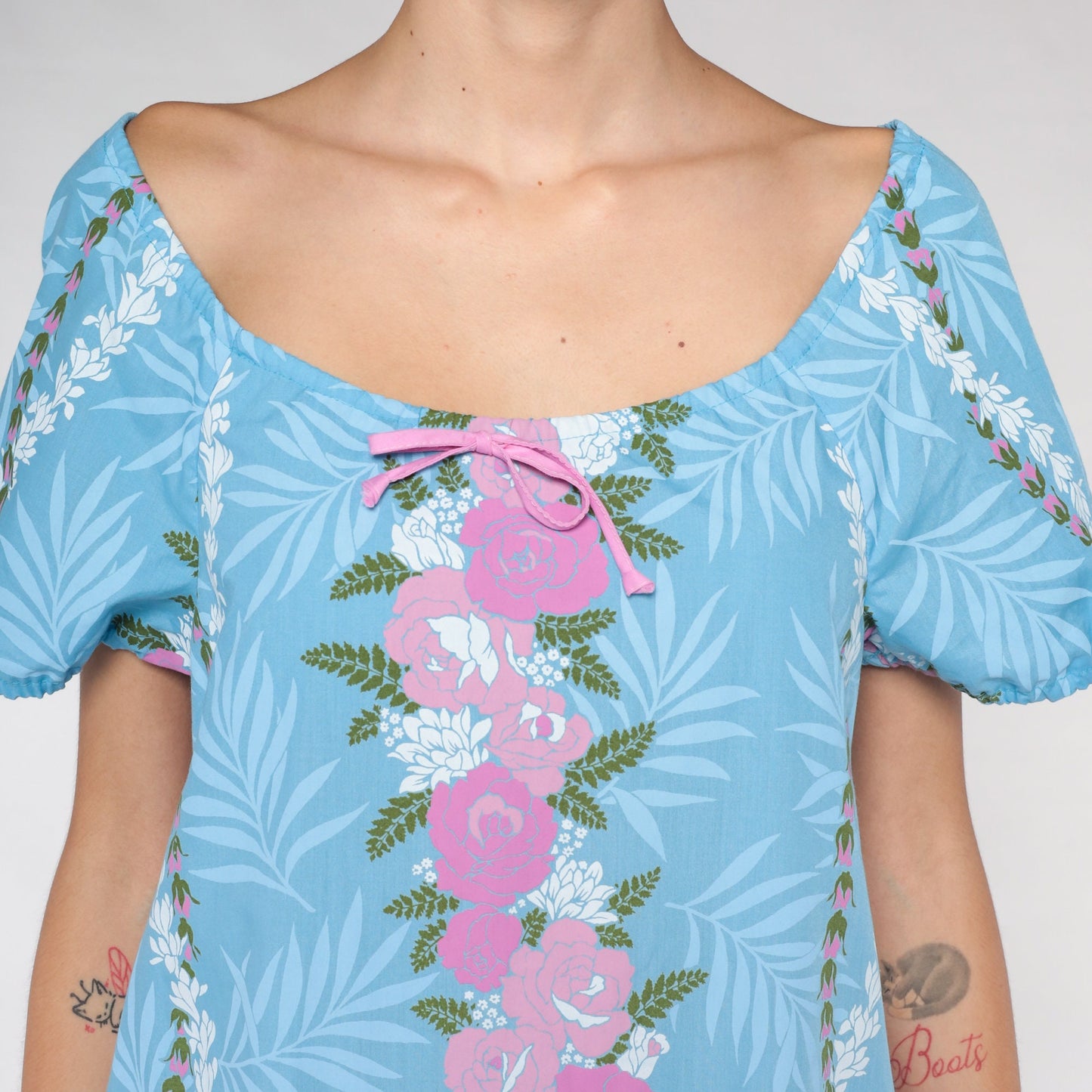 90s Blue Floral Midi Dress Pink Flower Fern Print Tent Cut Short Sleeve Extra Small
