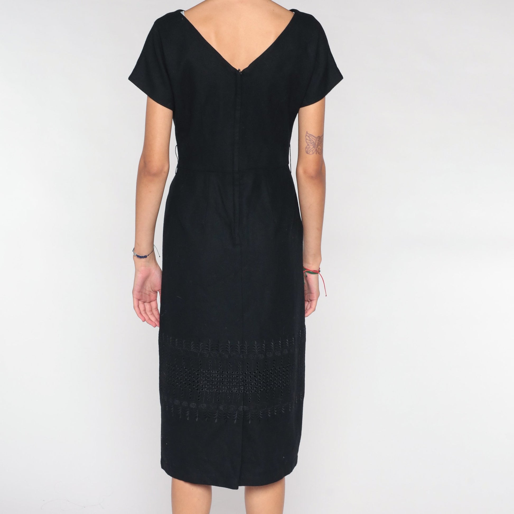 Black Wool Midi Shift Dress Cap Sleeve Embroidered 00s Small