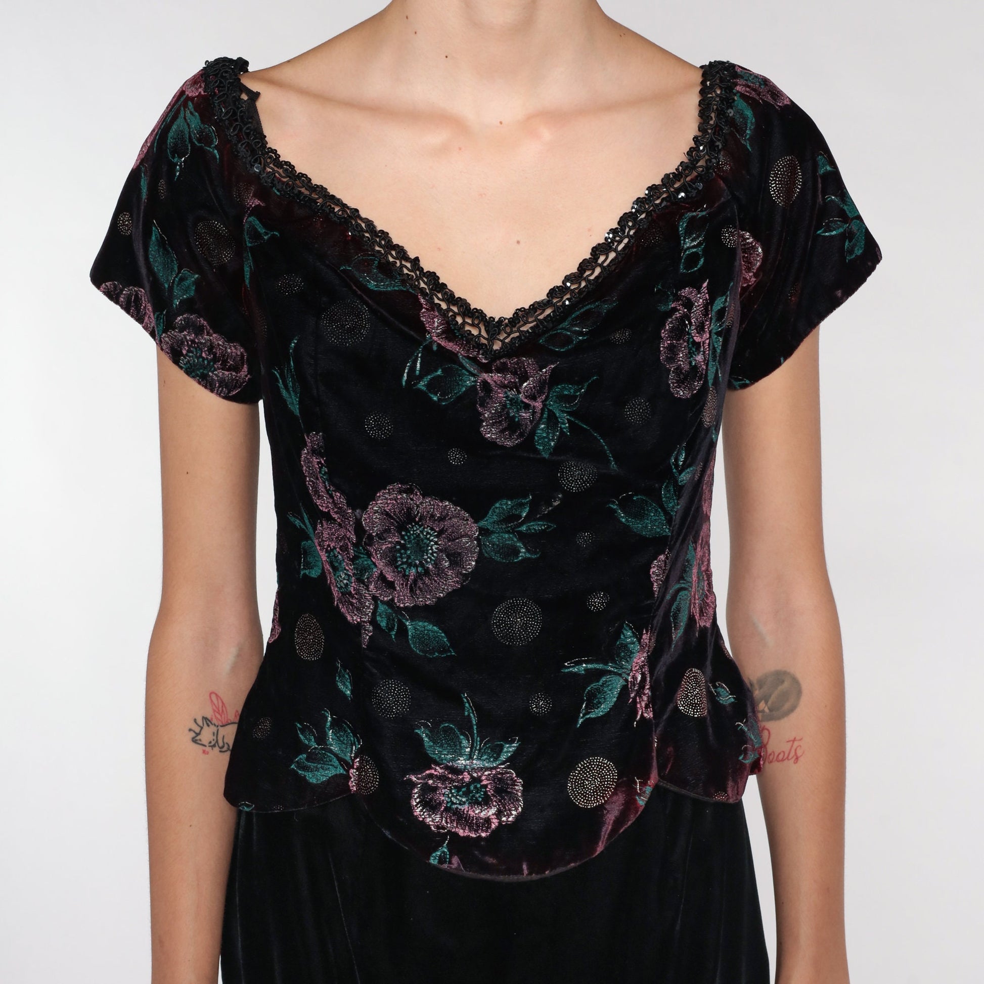90s Scott McClintock Velvet Midi Dress Floral Bodice Wine Black Small S