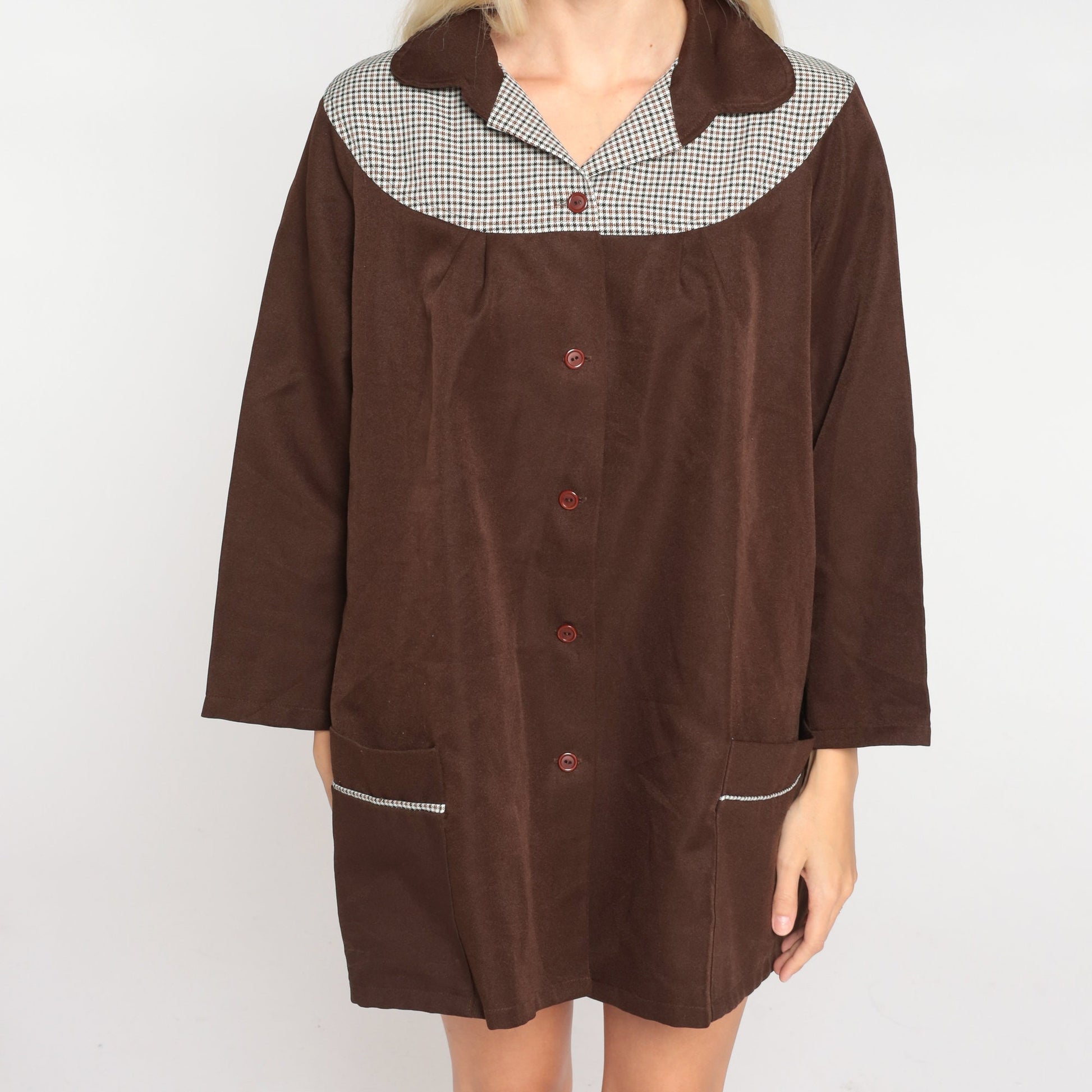 70s Brown Checkered Yoke Button-Up Tunic Blouse Long Sleeve Medium M
