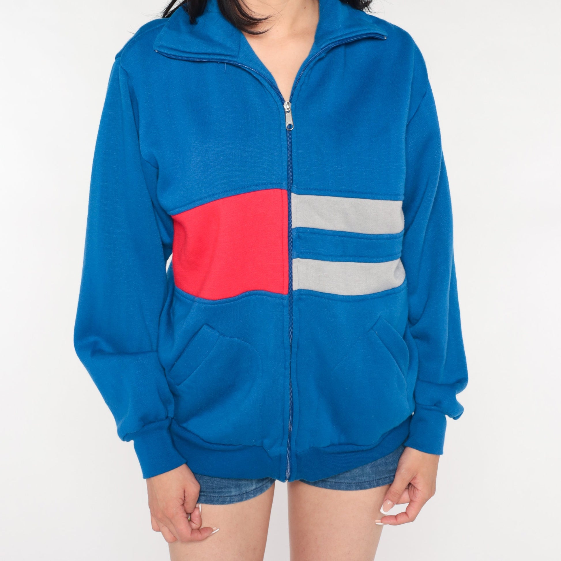 80s Royal Blue Track Jacket Red Grey Striped Zip Sweatshirt Medium