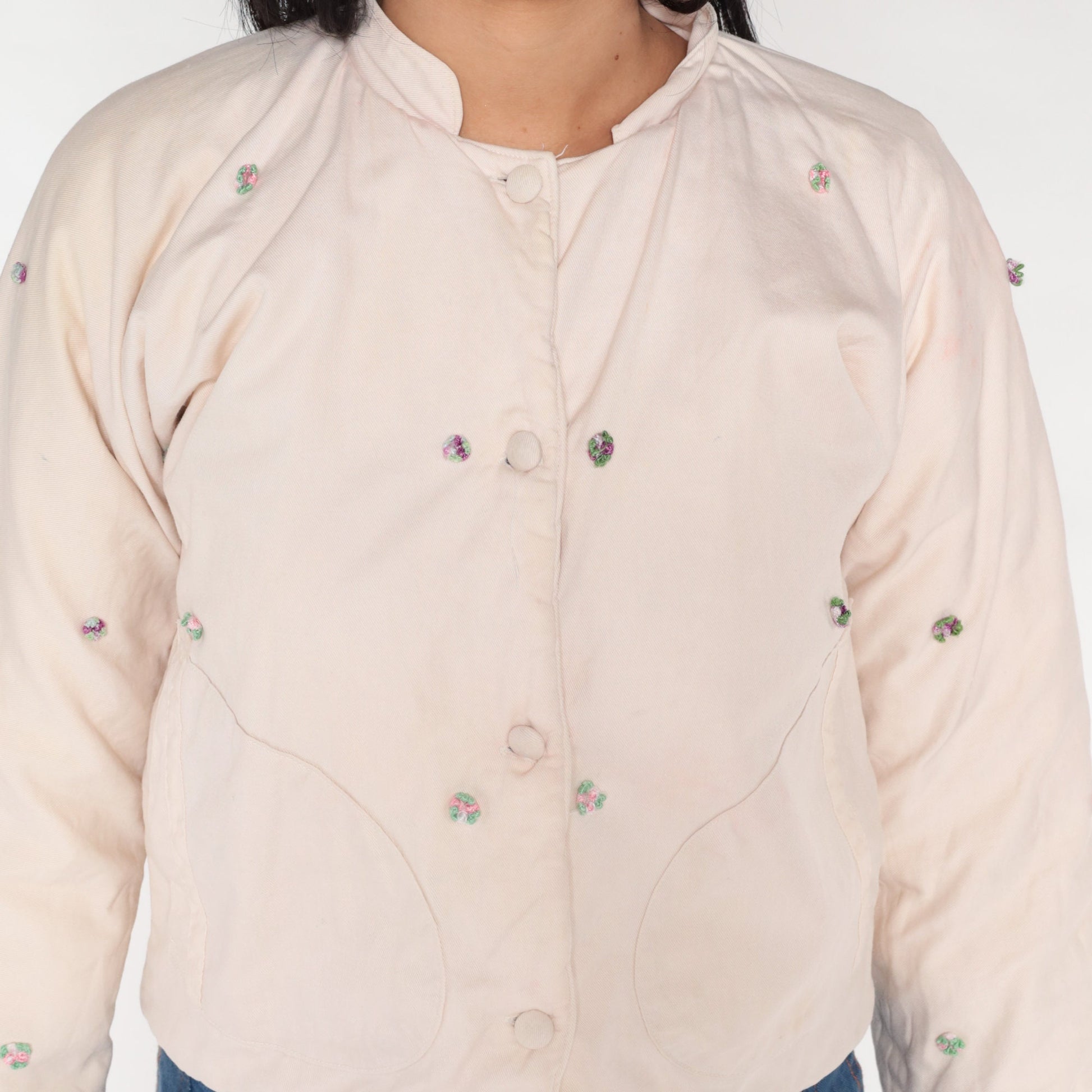 80s Quilted Floral Appliqué Cropped Jacket Off-White Mandarin Collar Extra Small