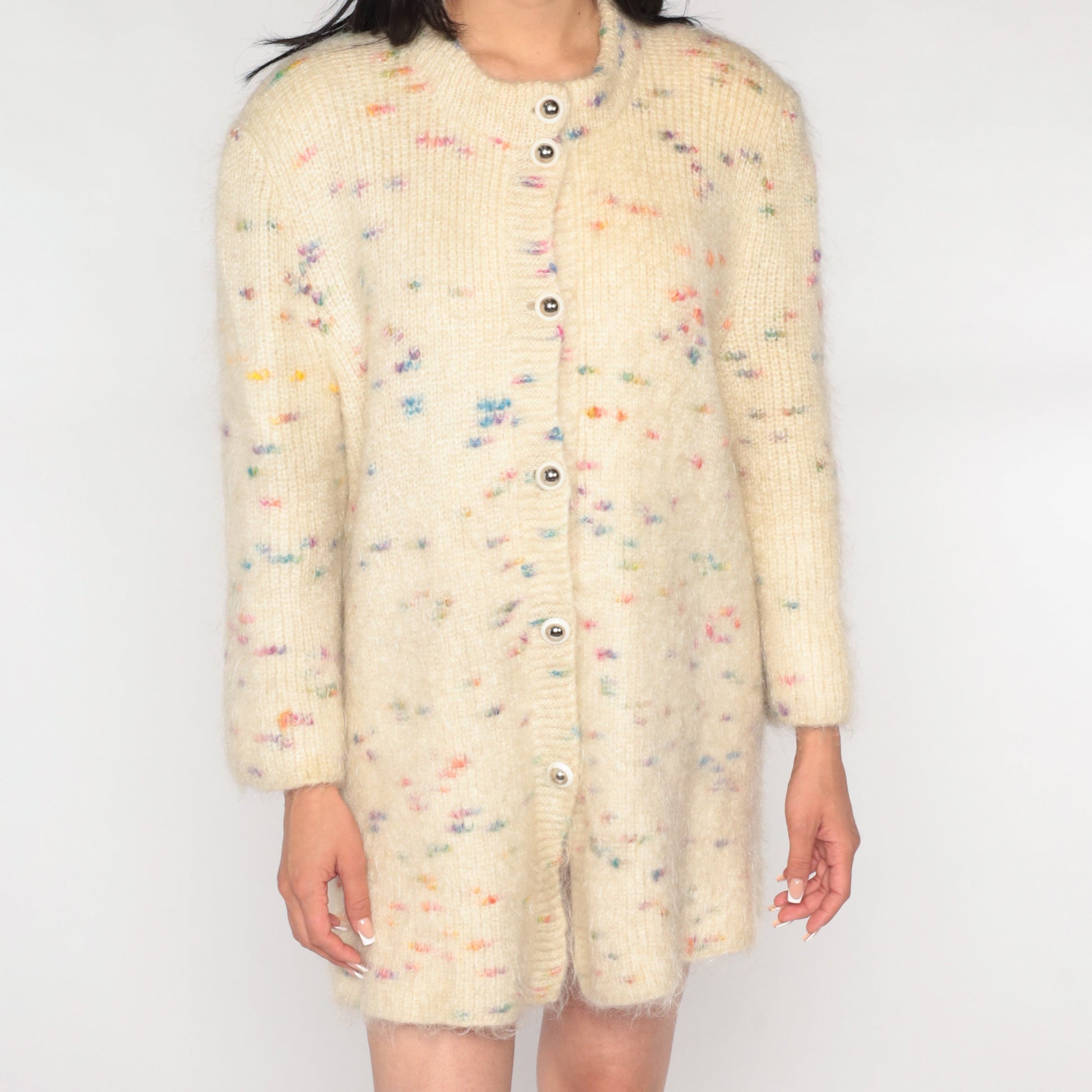 80s Cream Mohair Cardigan Sweater Rainbow Flecks Long Button-Up Medium