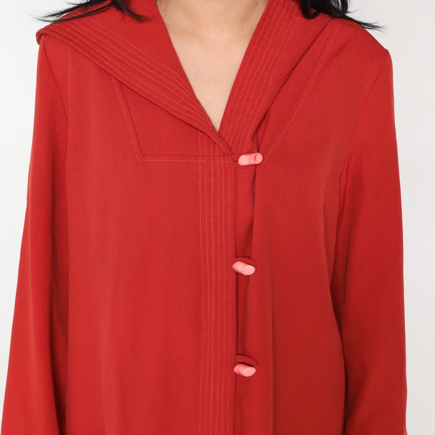 70s Rust Red Hooded Jacket Toggle Button Long Coat Medium