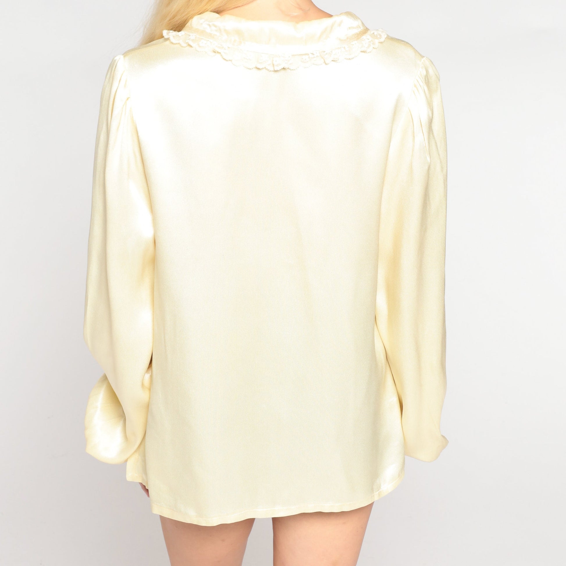70s Jessica's Gunnies Cream Satin Blouse Puff Sleeve Floral Embroidery Medium