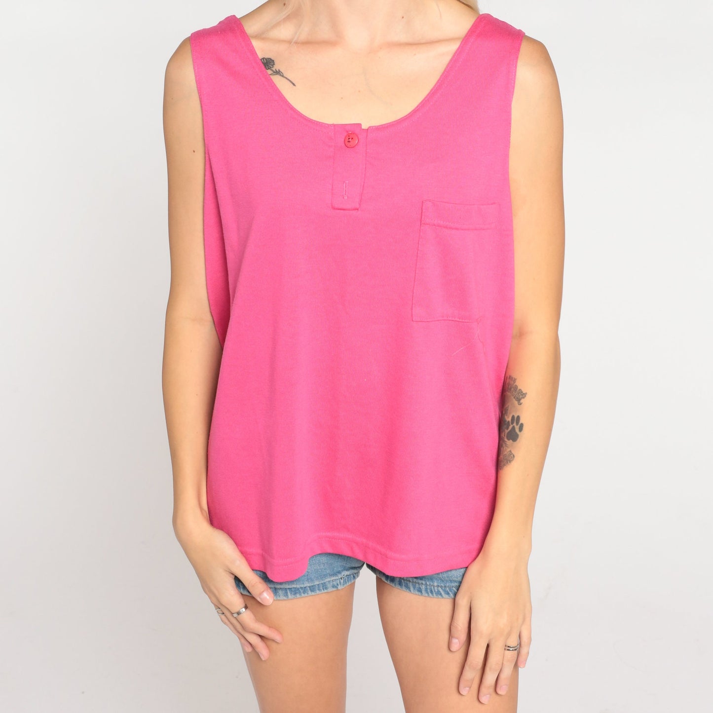 90s Pink Henley Tank Top With Chest Pocket Cotton Sleeveless Large L
