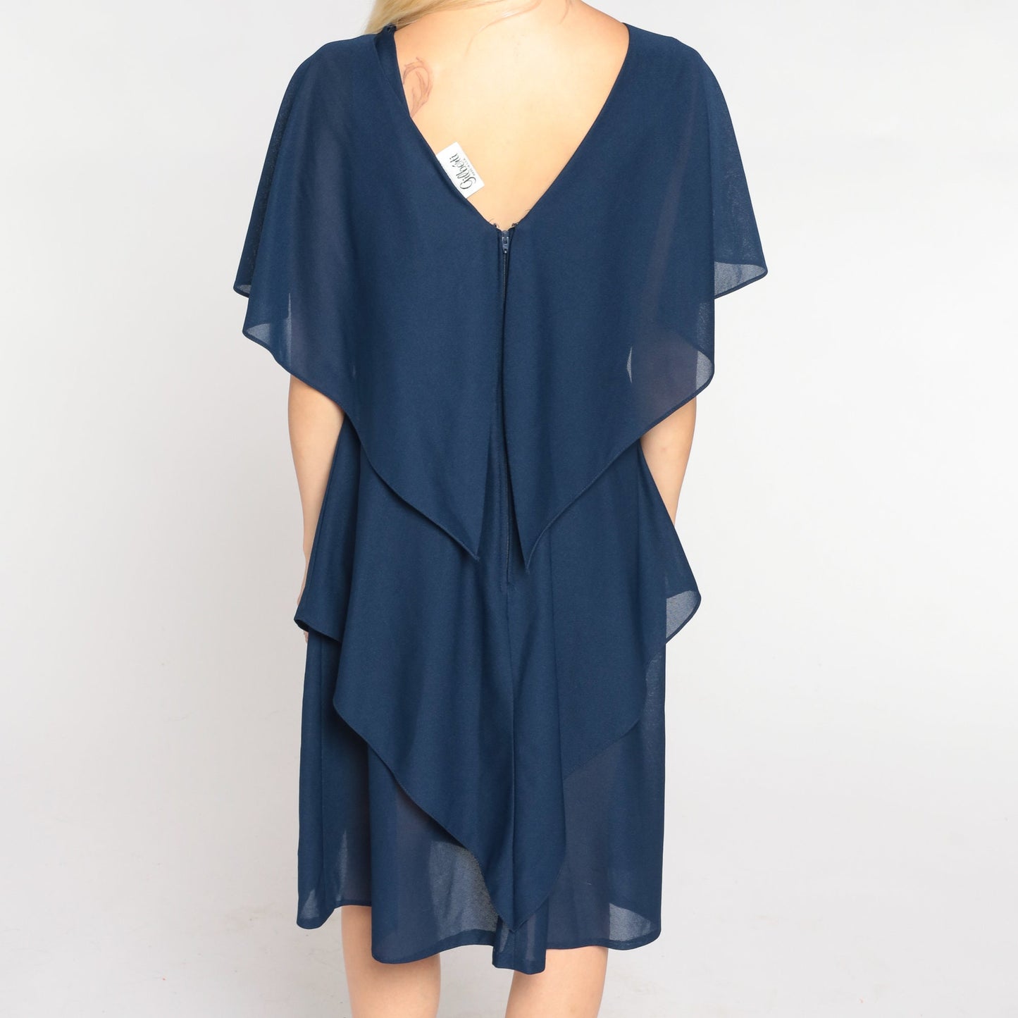 80s Navy Floral Capelet Mini Dress Draped V-Back Flutter Sleeve Medium