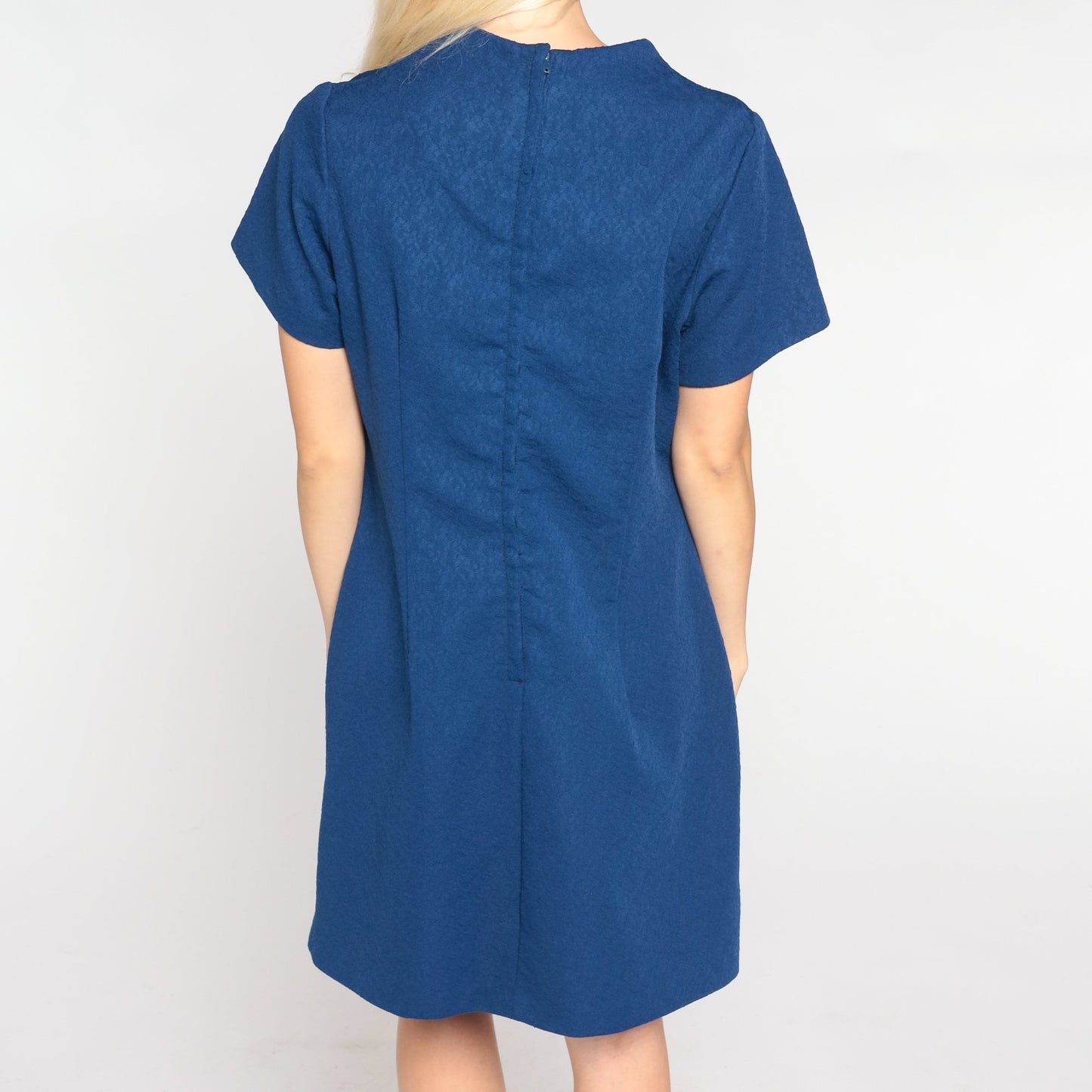 60s Navy Shift Dress Floral Embossed Mini Short Sleeve Large L