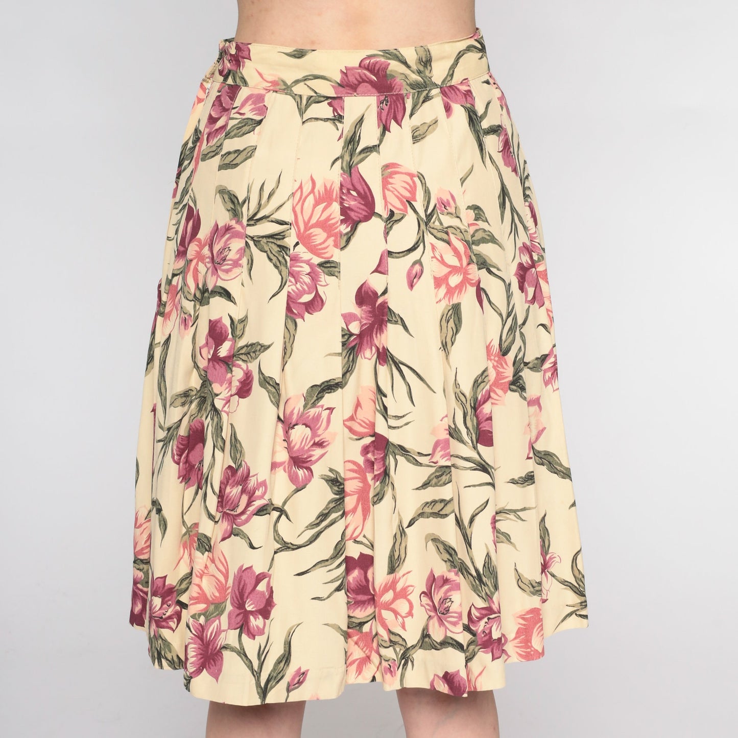 90s Floral Pleated Skirt High Waist Knee Length Yellow Pink Extra Small