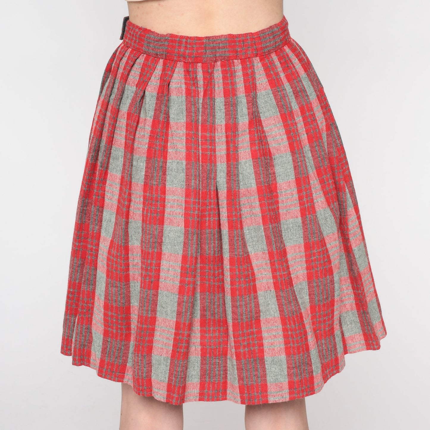 60s Red Grey Plaid Wool Mini Skirt High Waist Pleated XXS