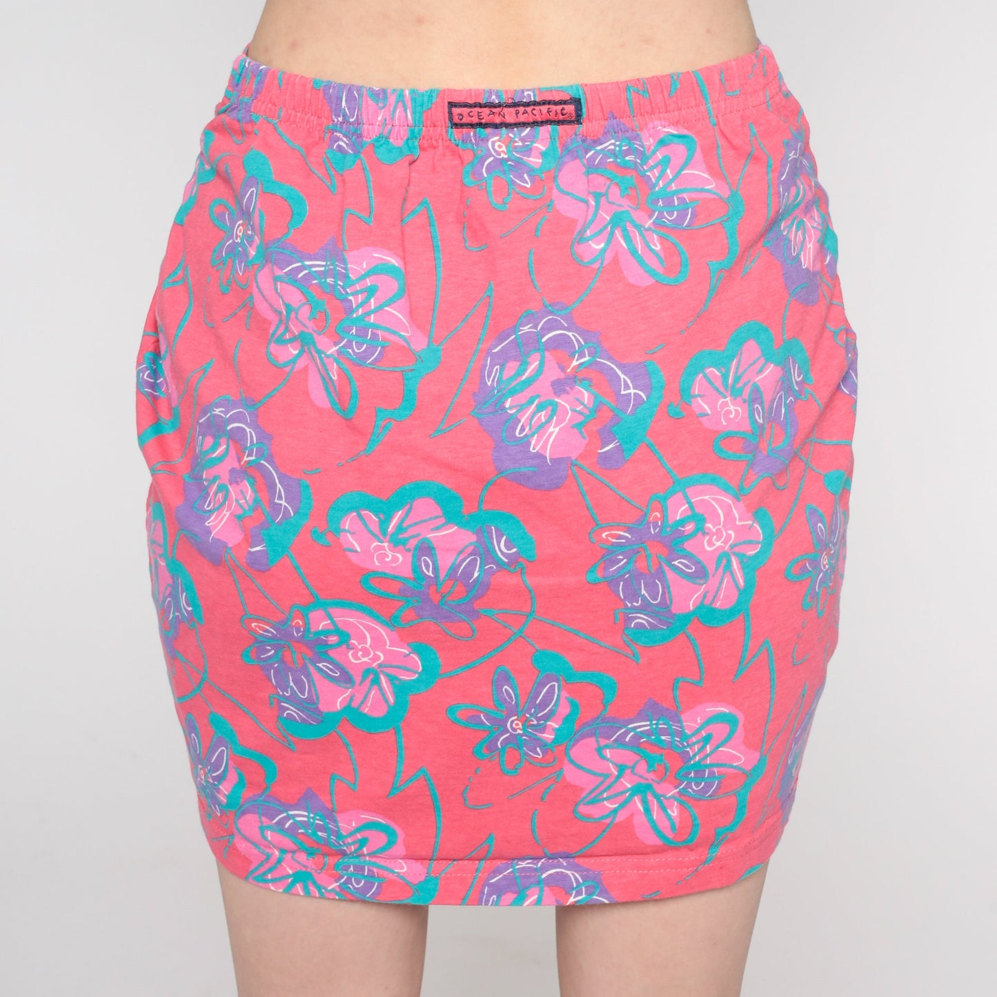 00s Ocean Pacific Floral Mini Skirt Pink High Waist Fitted Medium M