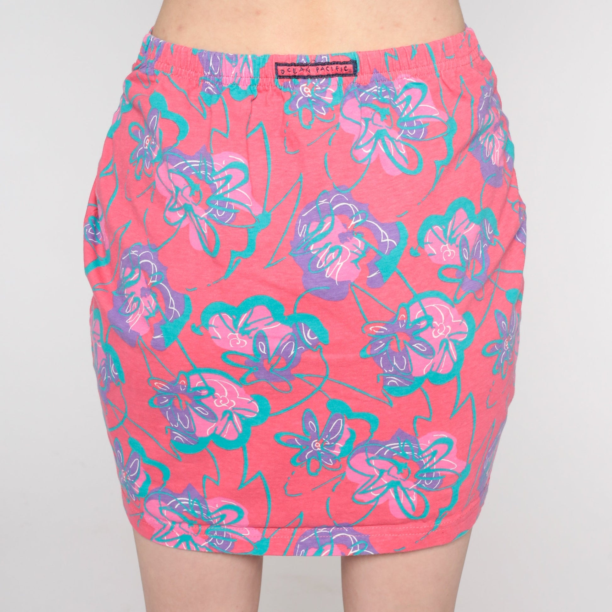 00s Ocean Pacific Floral Mini Skirt Pink High Waist Fitted Medium M
