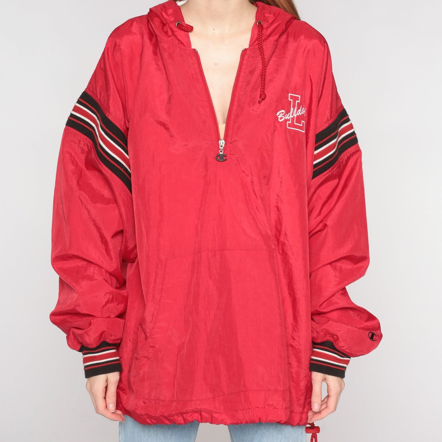 90s Champion Bulldogs Hooded Windbreaker Quarter Zip Red Black White XXL