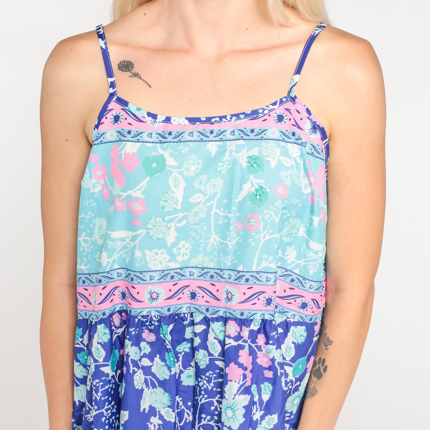 Y2K Blue Floral Mini Dress Sleeveless High Waist Spaghetti Strap Large L