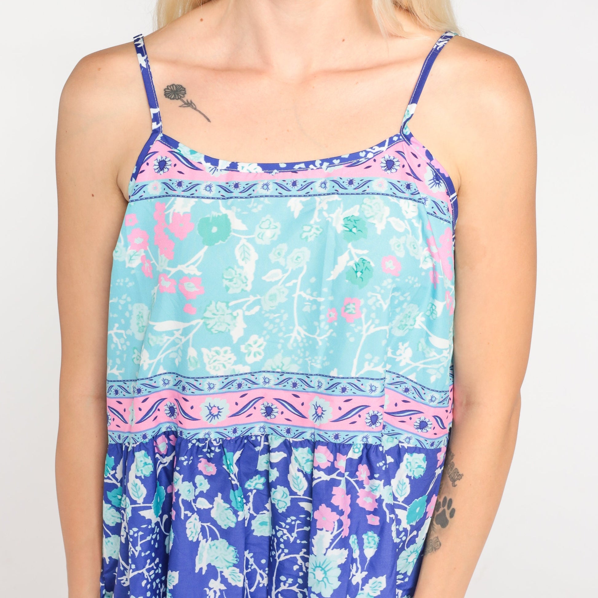 Y2K Blue Floral Mini Dress Sleeveless High Waist Spaghetti Strap Large L