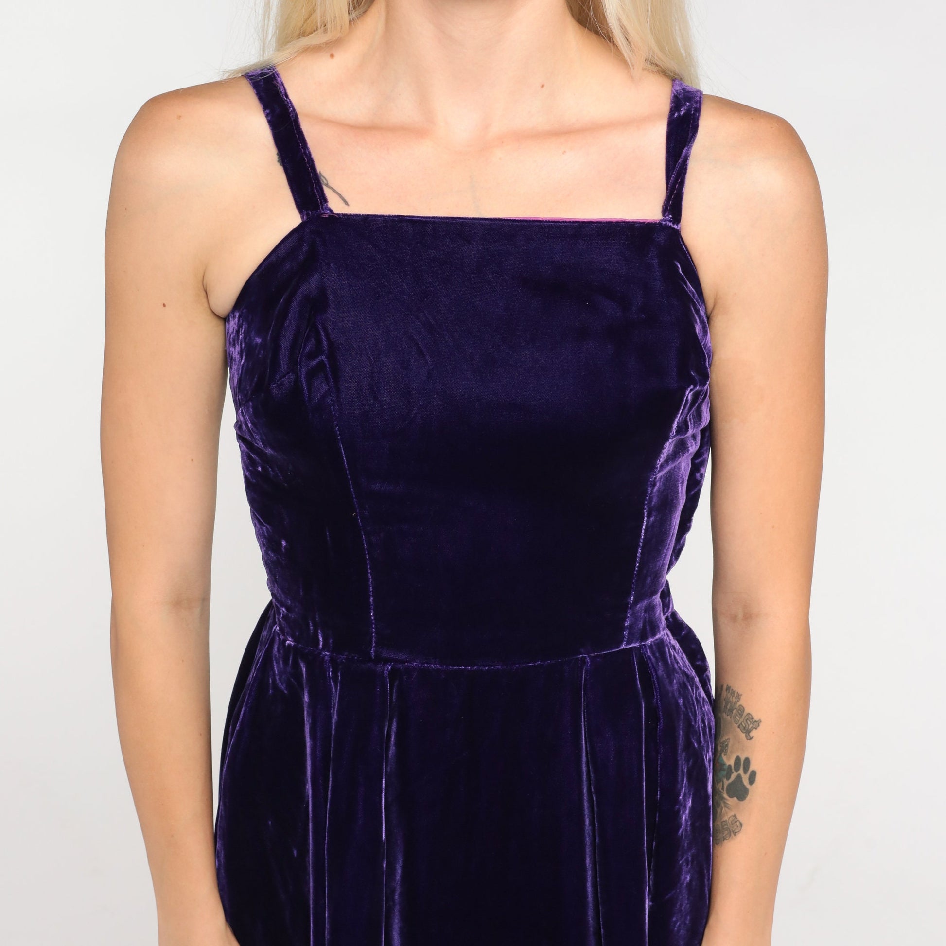 70s Dark Purple Velvet Maxi Dress Sleeveless High Waist Gown Extra Small