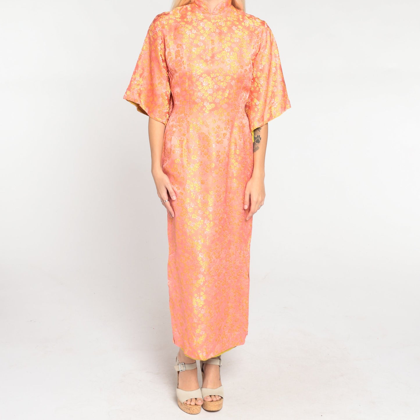 60s Peach Silk Floral Midi Dress Mandarin Collar Bell Sleeve Side Slit Extra Small XS