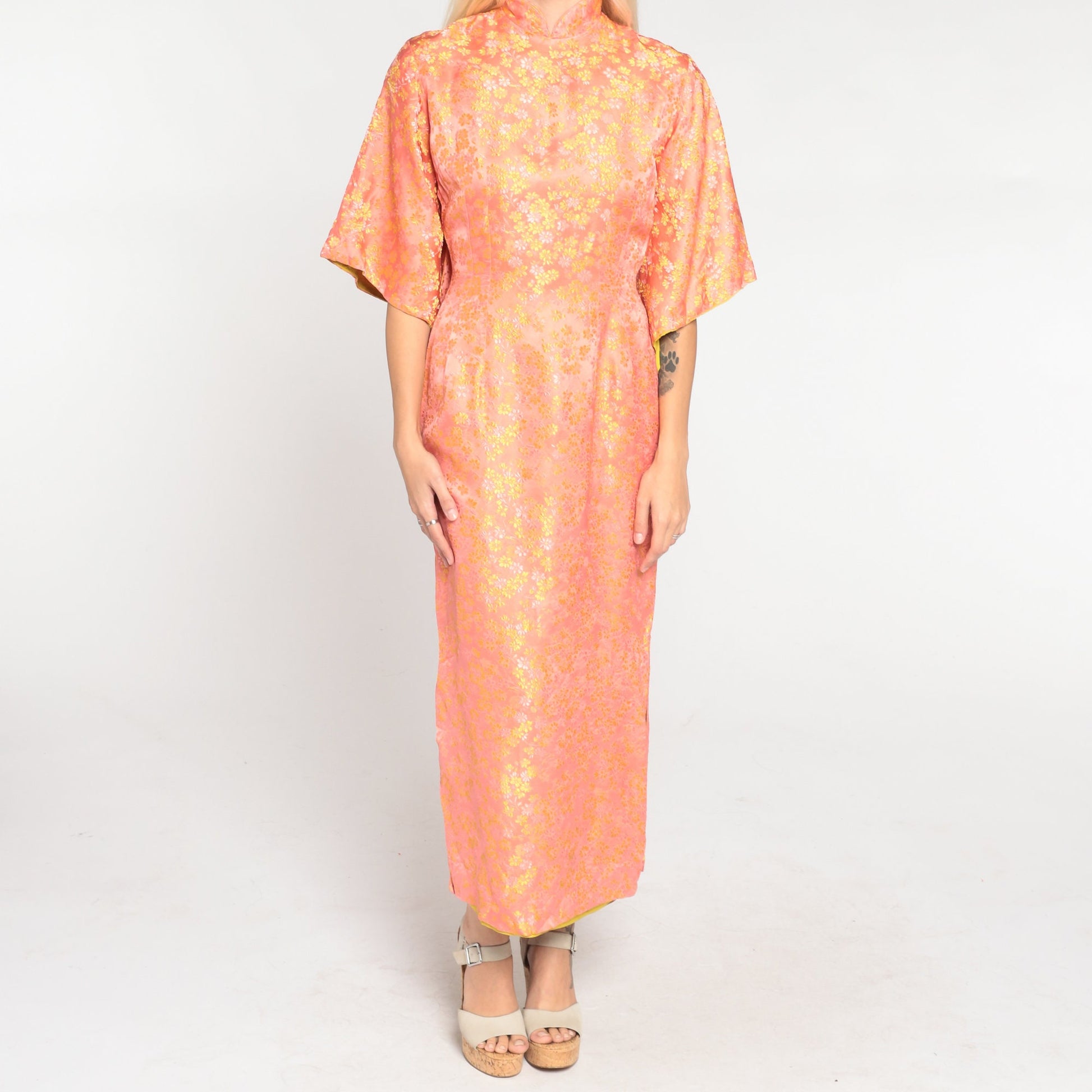 60s Peach Silk Floral Midi Dress Mandarin Collar Bell Sleeve Side Slit Extra Small XS