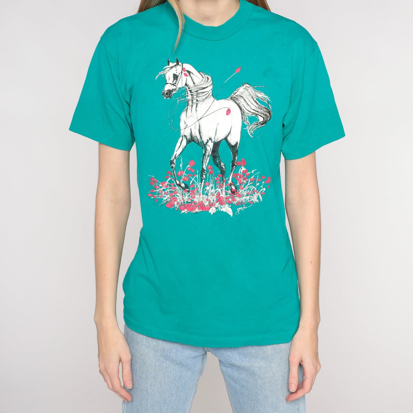 90s Glitter Horse Floral Graphic Tee Teal Green Single Stitch Small