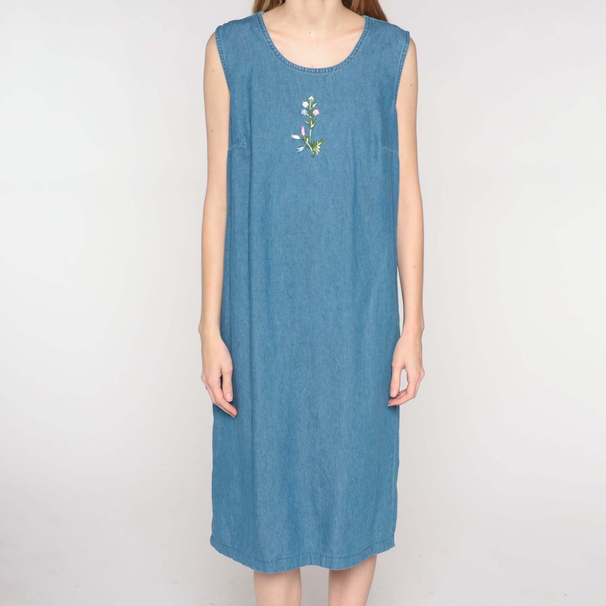 00s Blue Denim Midi Dress Floral Embroidered Sleeveless Jumper Small Medium