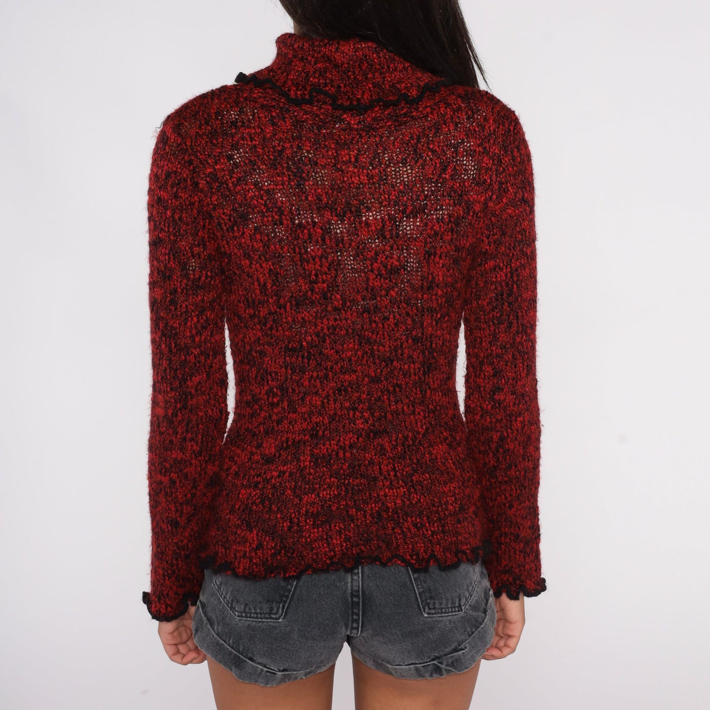 90s Red Black Flecked Turtleneck Sweater Lettuce Edge Knit Medium M