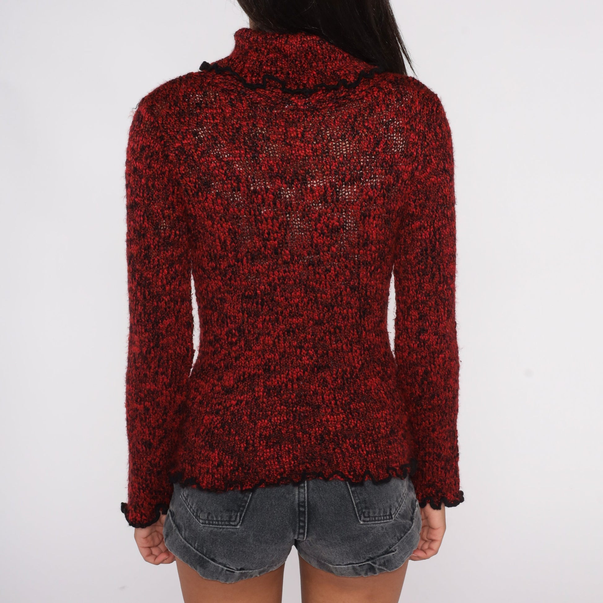 90s Red Black Flecked Turtleneck Sweater Lettuce Edge Knit Medium M