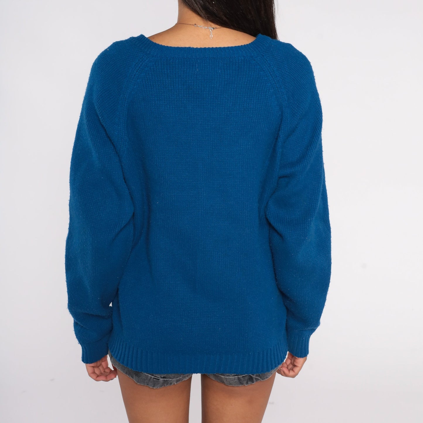 70s Blue Cable Knit V-Neck Sweater Pullover Extra Large XL