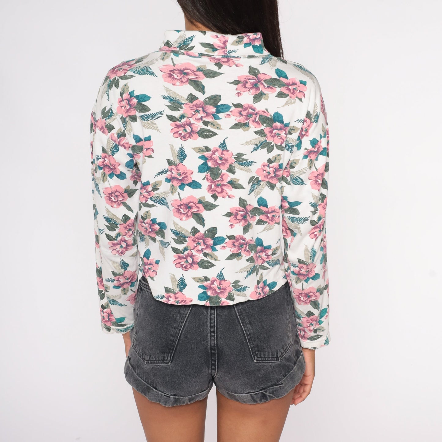 90s Floral Turtleneck Long Sleeve Shirt White Pink Print Medium M