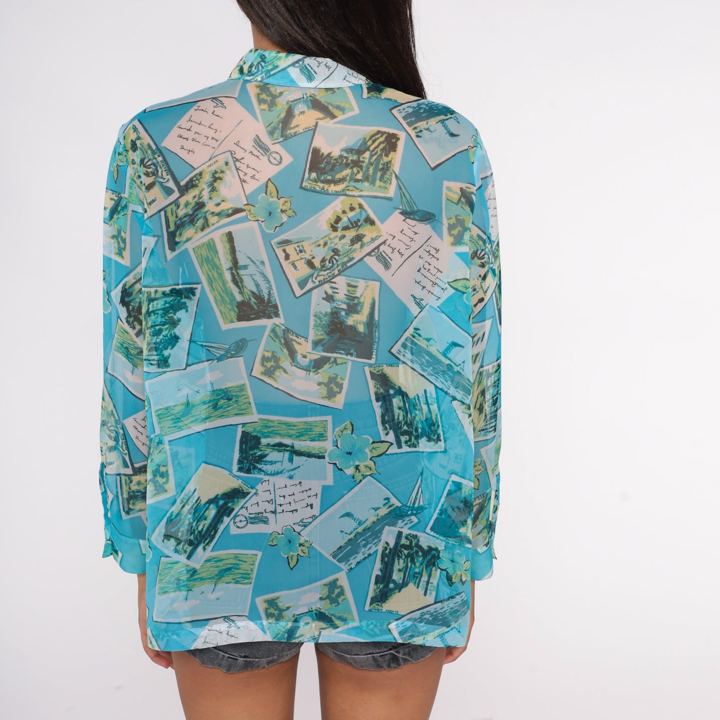 90s Travel Postcard Print Sheer Blue Button-Up Blouse Long Sleeve Medium M