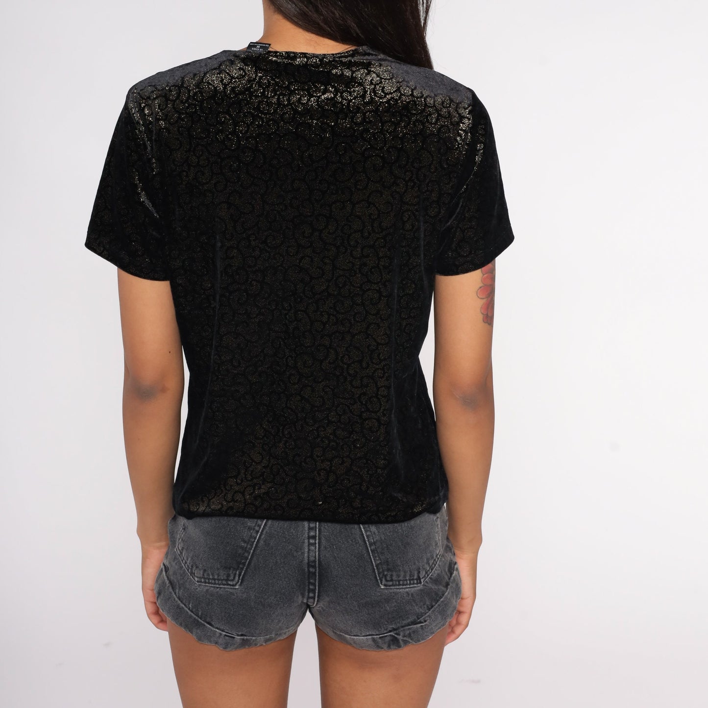 90s Black Velvet Swirl Print Sparkly Short Sleeve Top Medium M