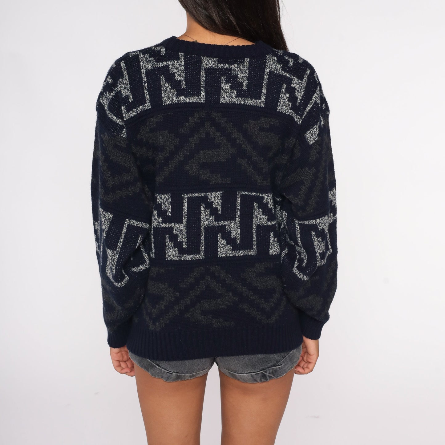 90s Geometric Navy Knit Pullover Sweater Large