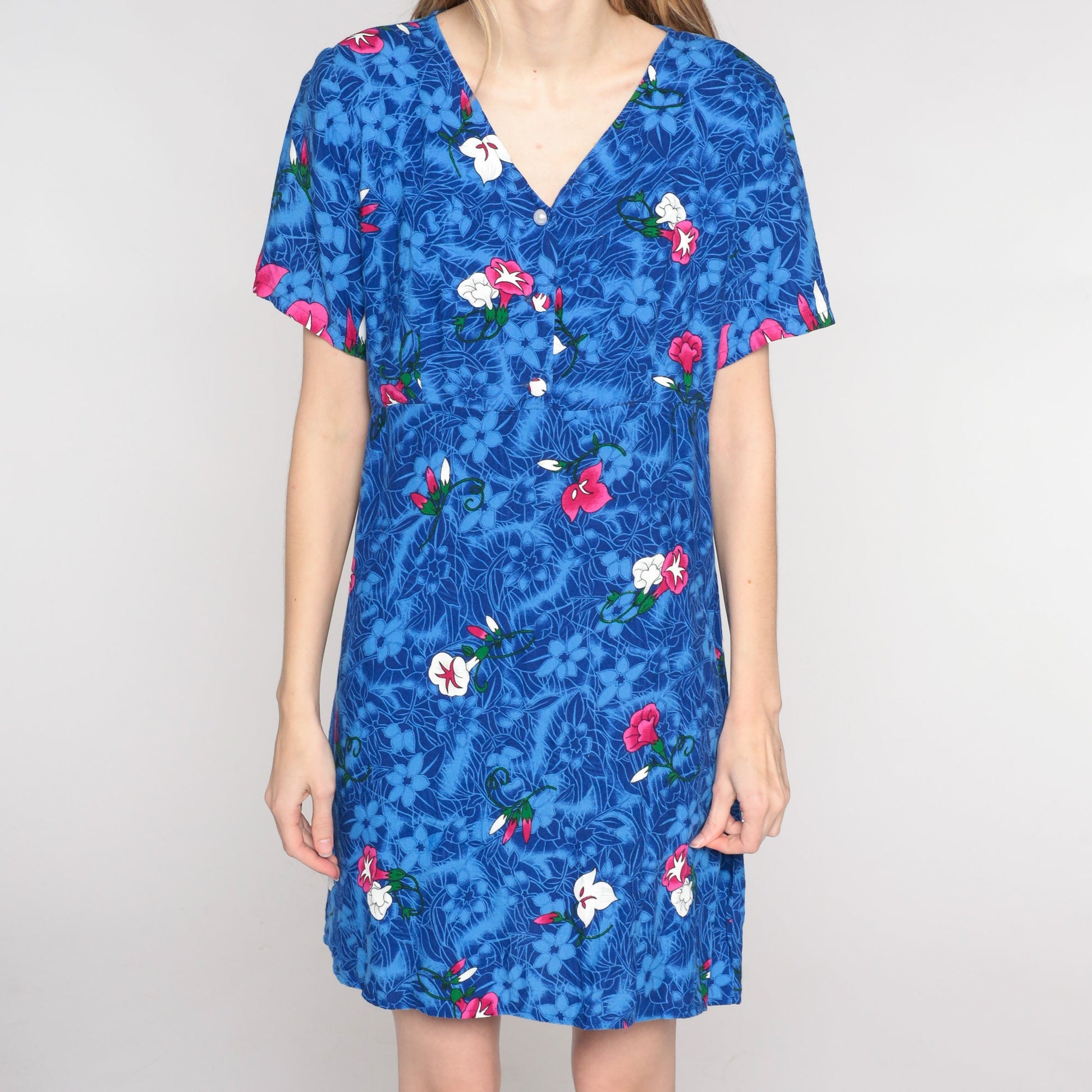 Y2K Tropical Floral Mini Dress Blue Rayon Empire Waist V-Neck Medium M