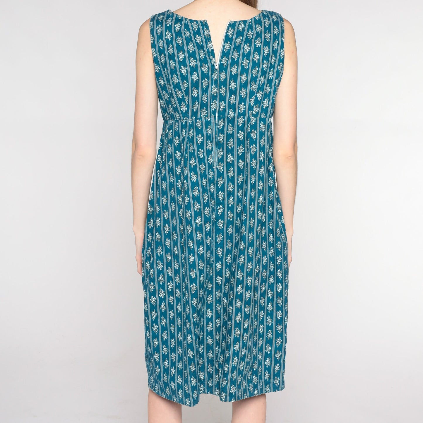 1960s Blue Floral Striped Midi Dress Empire Waist Sleeveless Shift Medium
