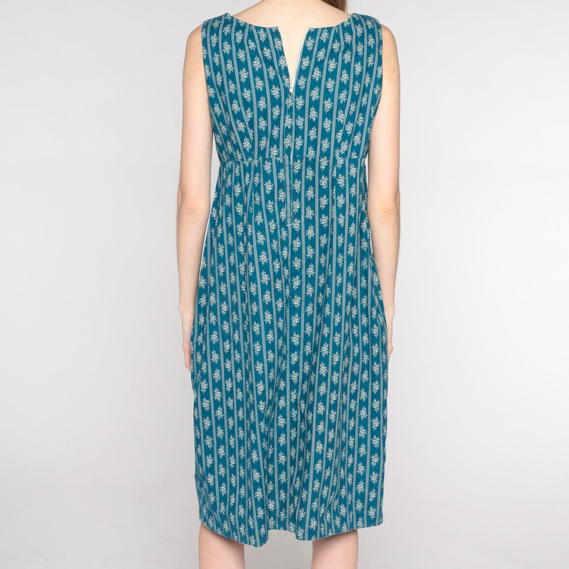 1960s Blue Floral Striped Midi Dress Empire Waist Sleeveless Shift Medium