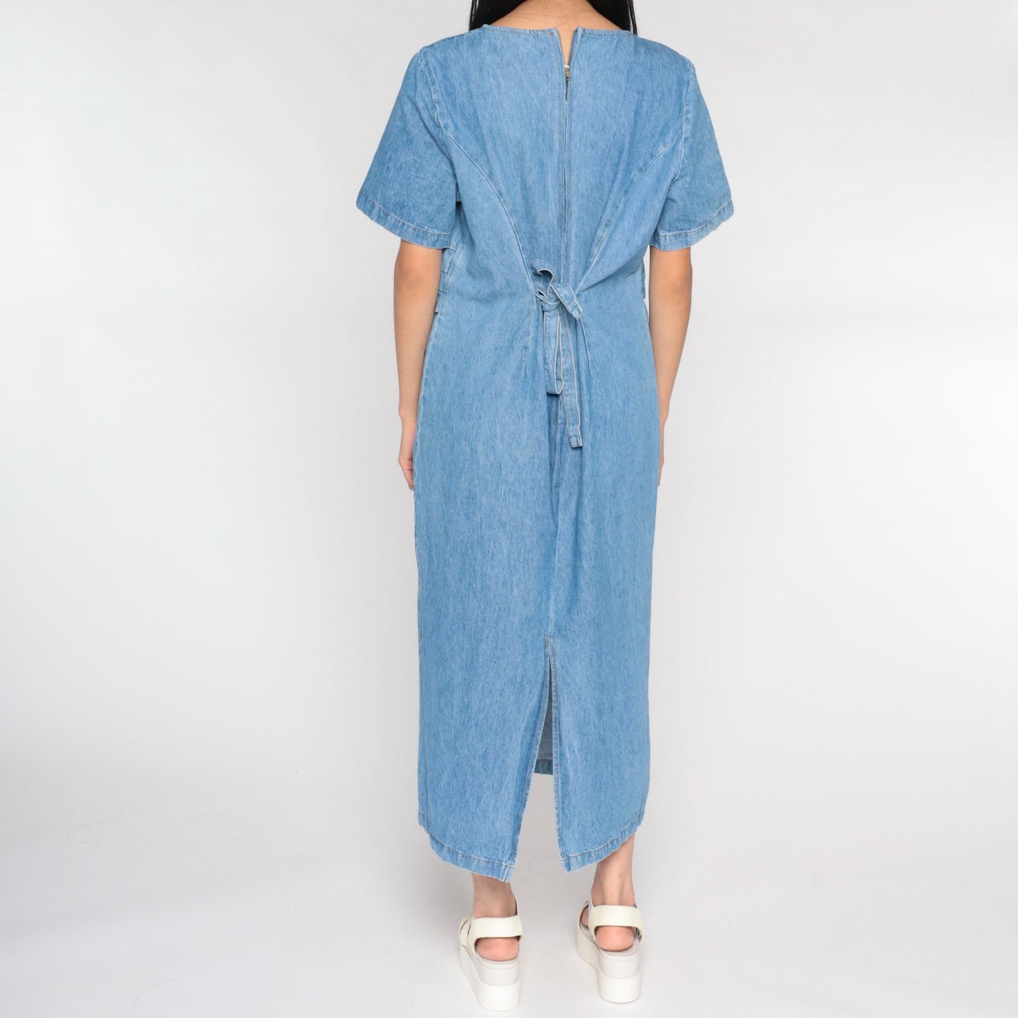 90s Fore Warned Denim Maxi Dress Blue Princess Seam Short Sleeve Large 14