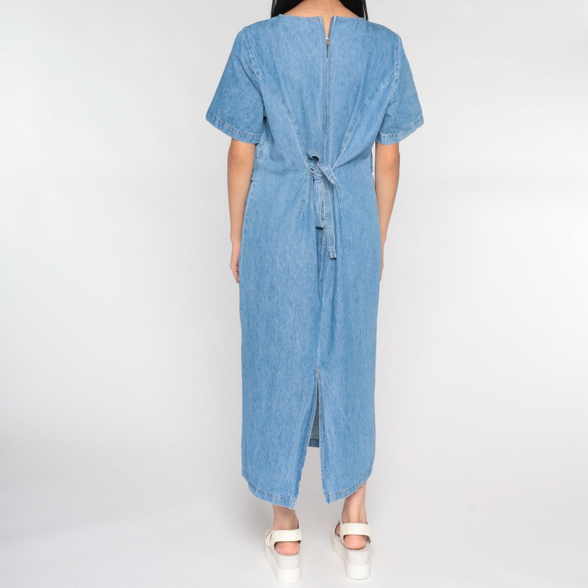 90s Fore Warned Denim Maxi Dress Blue Princess Seam Short Sleeve Large 14