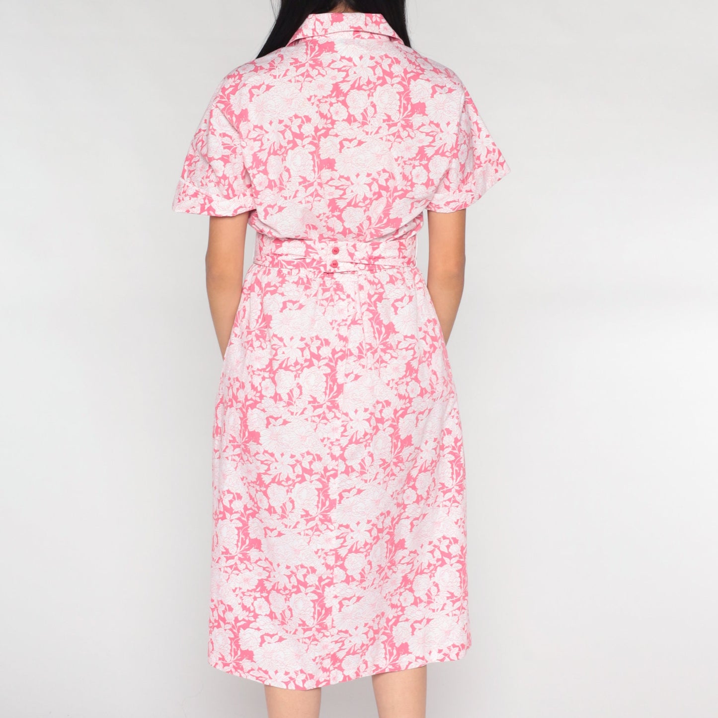 90s Floral Midi Dress Pink White Button-Up Short Sleeve Medium 8