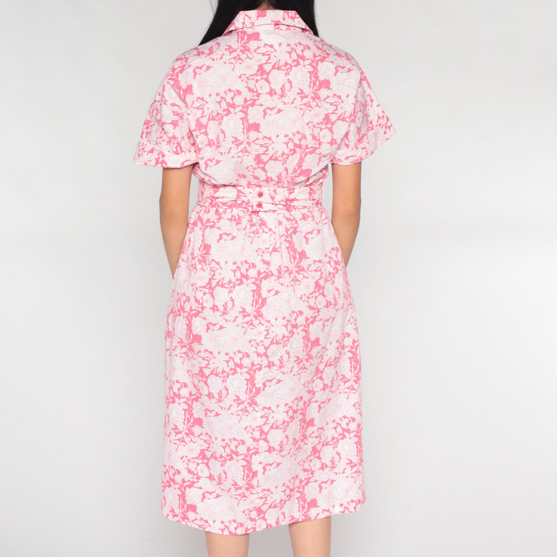 90s Floral Midi Dress Pink White Button-Up Short Sleeve Medium 8