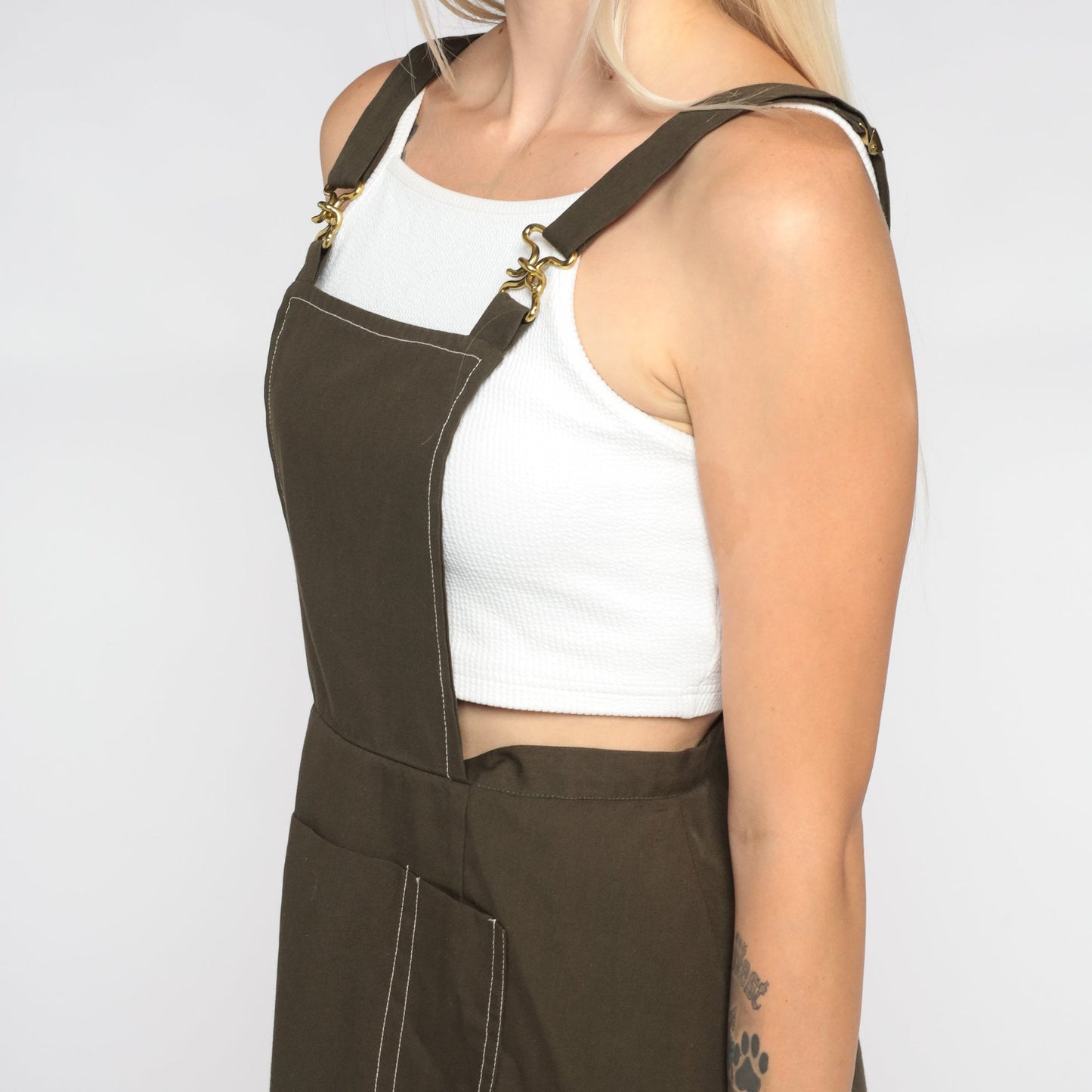1960s Brown Cotton Overall Mini Dress Bib Pinafore Extra Small