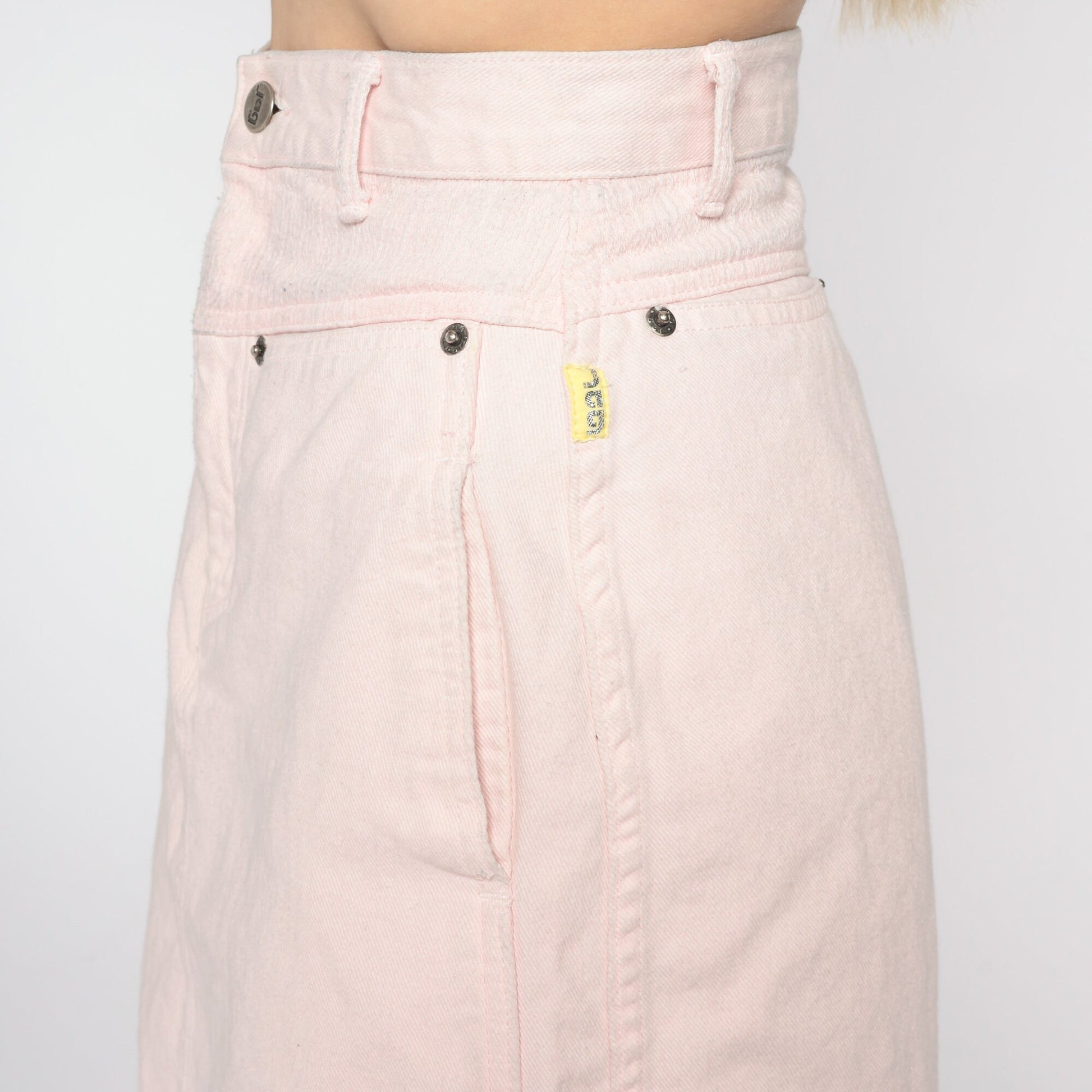 90s Jag Pale Pink Denim Mini Skirt High Waist Pencil Cut Extra Small