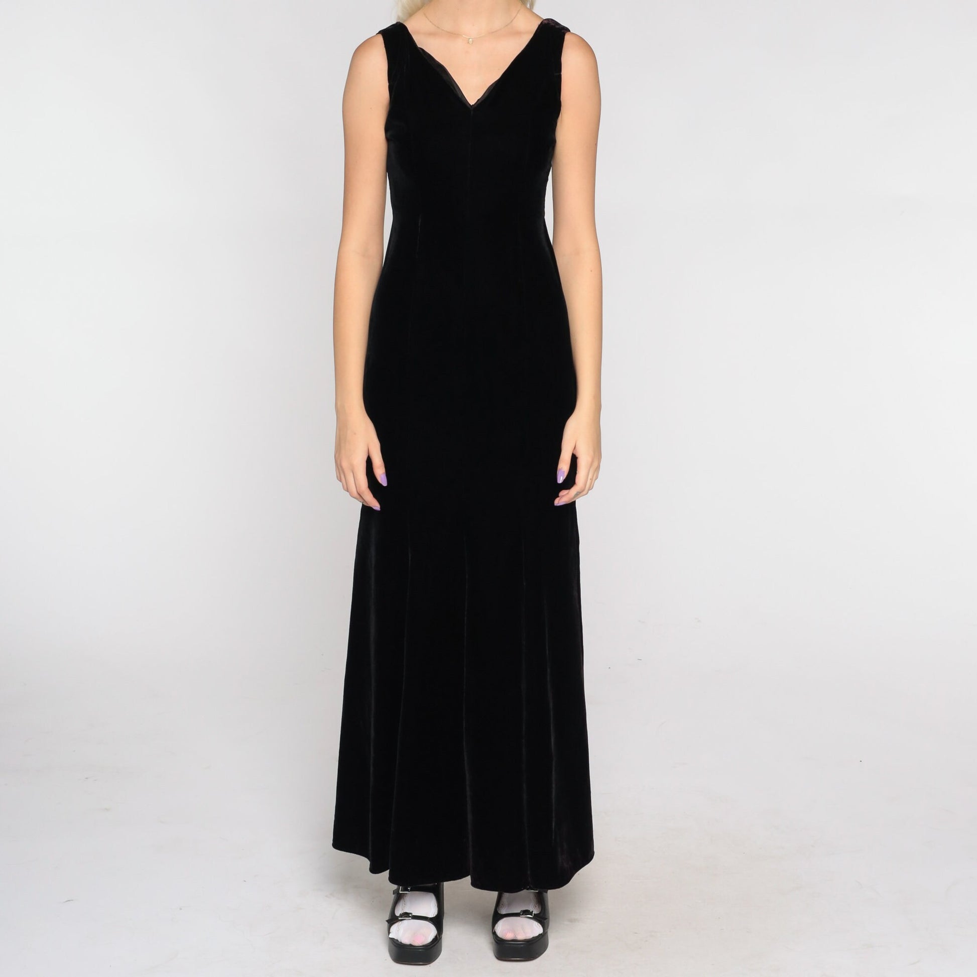 90s Black Velvet Maxi Dress V-Neck Sleeveless Sheath Extra Small