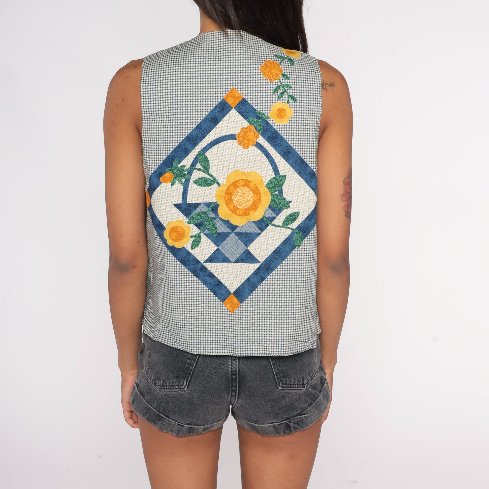 90s Gingham Floral Patchwork Quilted Vest Open Front Blue White Small