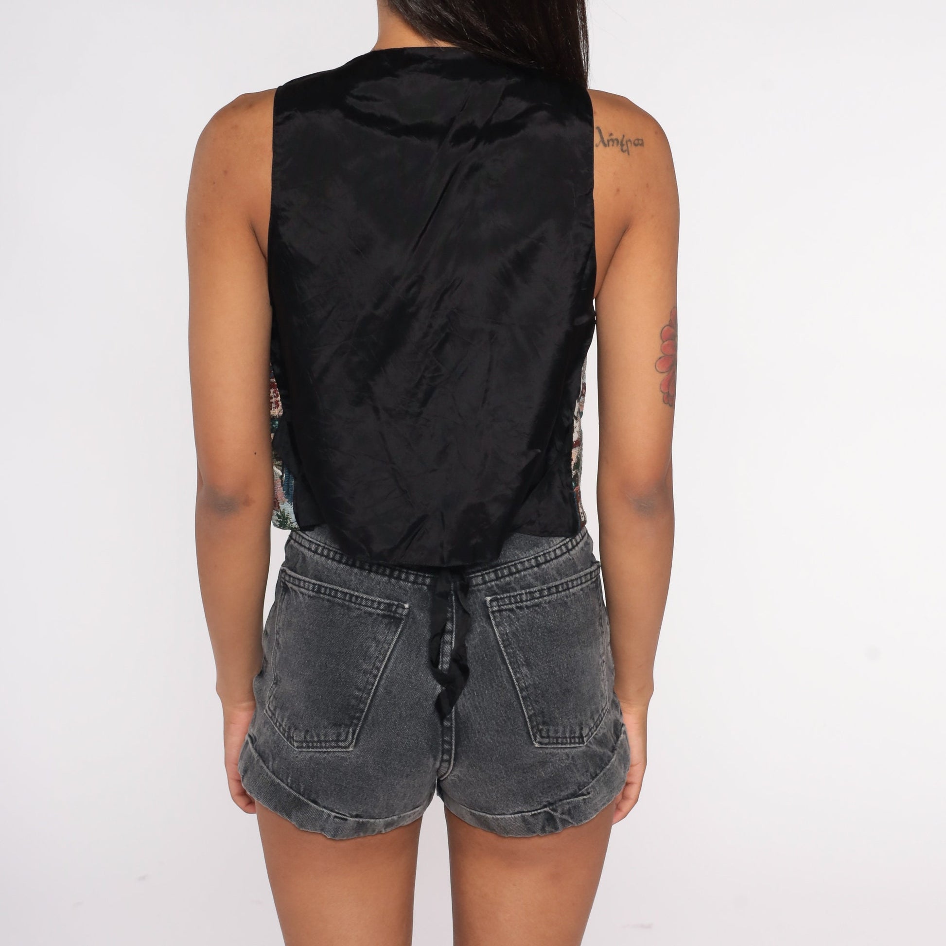90s Route 66 Vest Button Up Novelty Print Tapestry Top Black Small