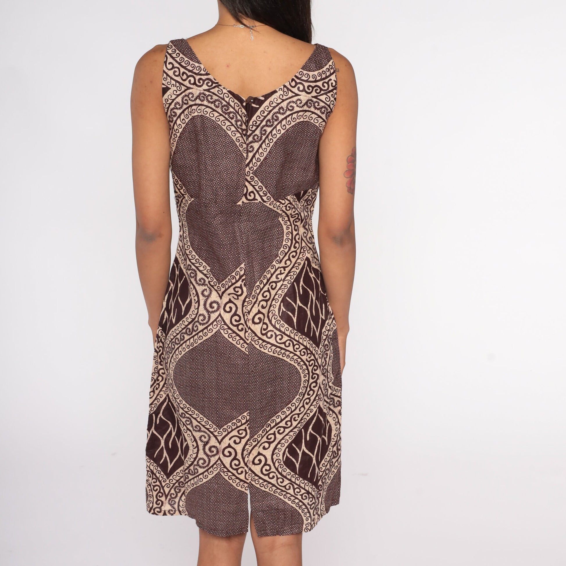 Y2K Brown Batik Sundress Empire Waist Sleeveless Mini Shift Dress Small S