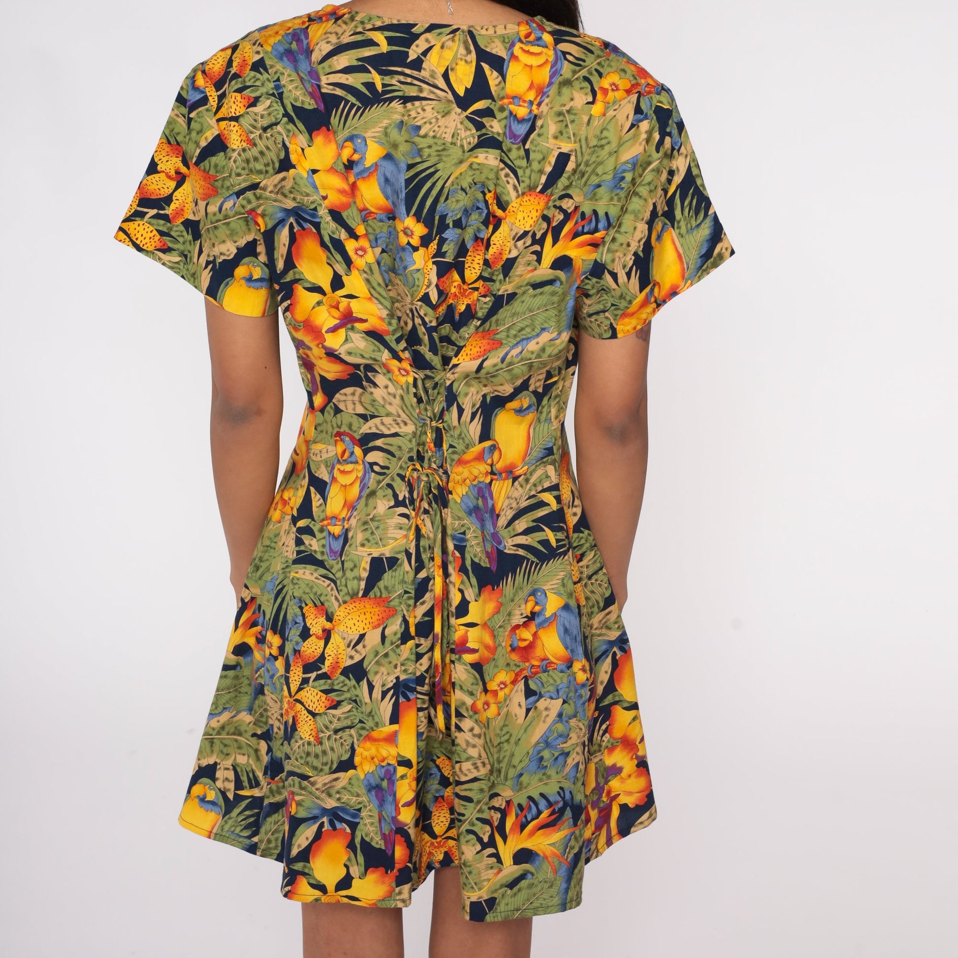 90s Tropical Bird Parrot Leaf Print Mini Dress Button-Up Short Sleeve Large L