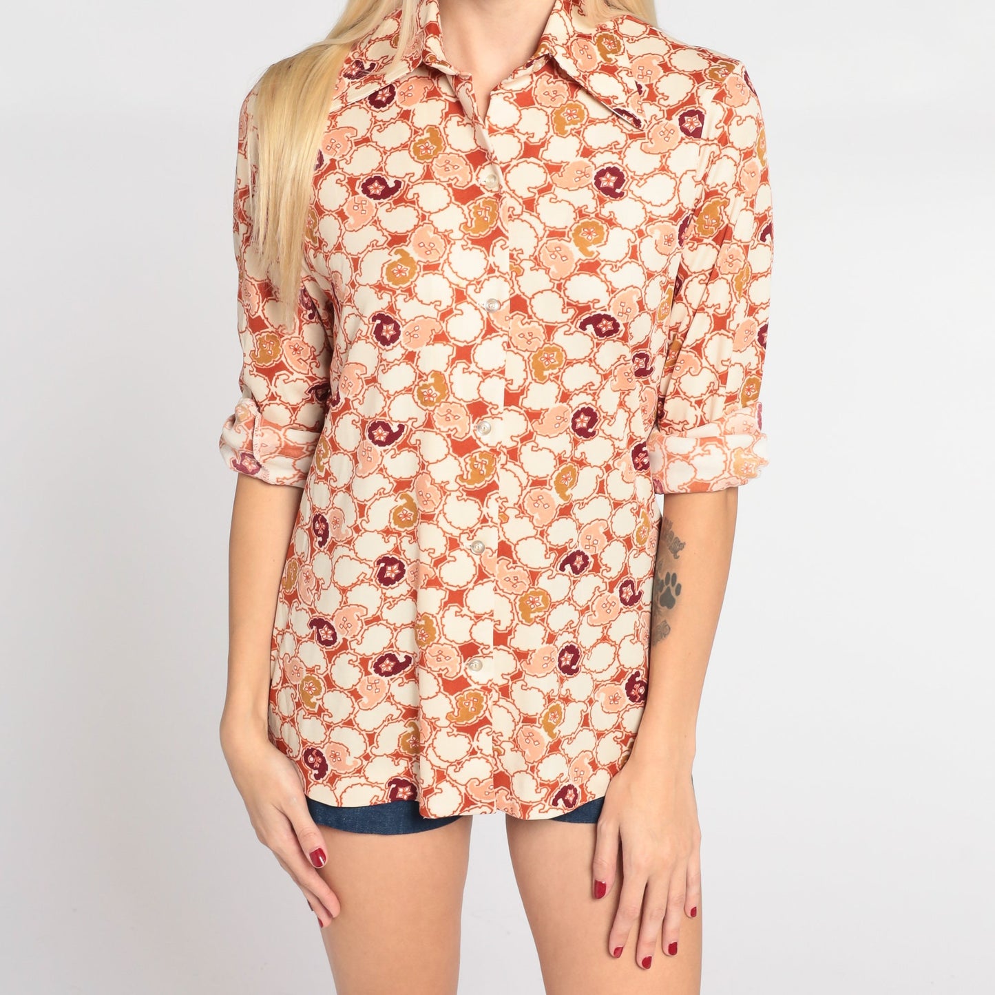 70s Orange Paisley Floral Button-Up Blouse Pointed Collar Long Sleeve Small